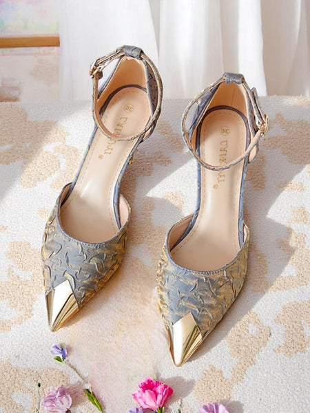 Gold Satin Heels and Beige Women's Pointed Accents with Toe FashionChic