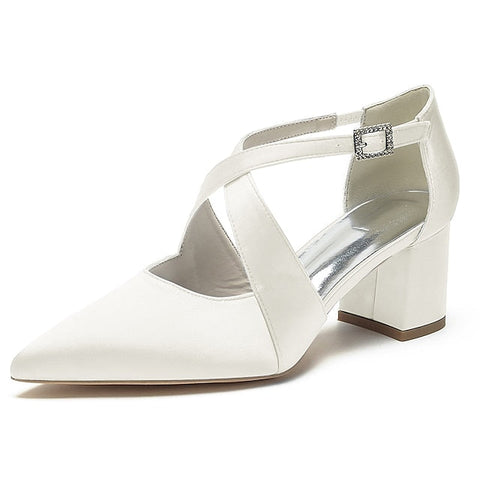 Heels White Pointed Satin Toe Block Women's – Elegant FashionChic