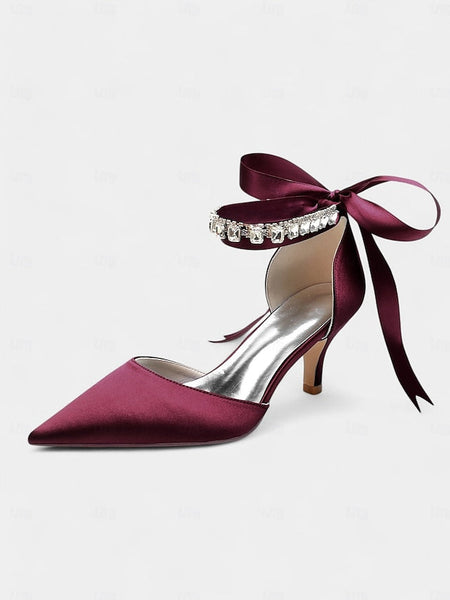 and Strap Blue Satin with Rhinestone Pointed-Kitten Ankle Heels FashionChic