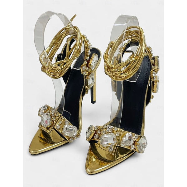 Heels Women's Stiletto with Green Metallic Lace-Up FashionChic