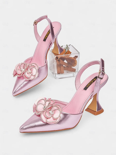 Pink Satin Pointed Floral Toe with Women's Heels FashionChic