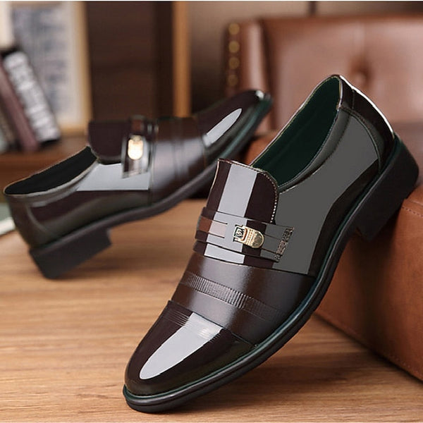 Faux Patent Leather Dress Men's Brown Loafers with FashionChic
