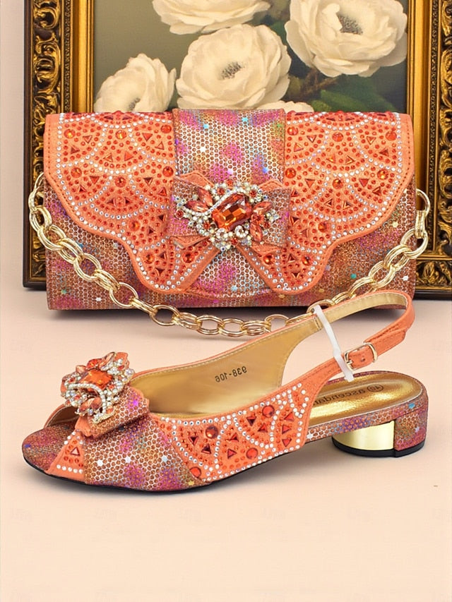 Clutch Women's Gold Matching Slingback and Heels Rhinestone FashionChic