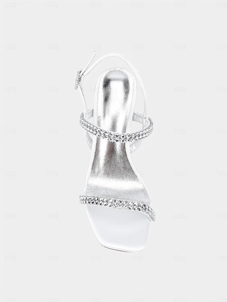 – Sandals Bridal White Women's Rhinestone Heel Block Prom FashionChic