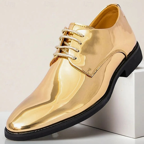 for Shiny Shoes Leather Men Sleek Gold – Patent Lace-Up FashionChic