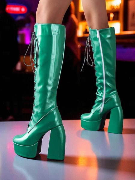 Platform Silver High Metallic Boots - Women's Lace-Up Knee FashionChic