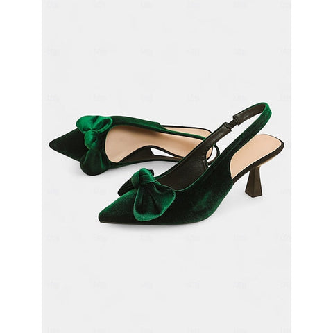 Bow Toe Blue with Heels Pointed Women's Slingback Velvet FashionChic