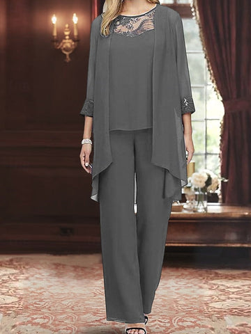 Dress Mother Neck Crew Elegant 3 Piece Vintage the of Bride FashionChic