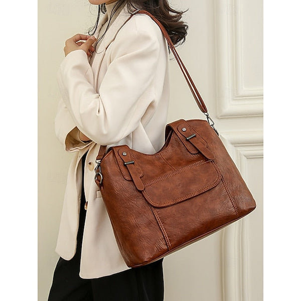 Brown Faux Bag Women's Leather Tote with Vintage Dual FashionChic