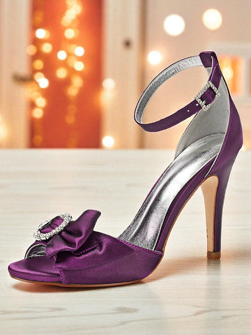 with Sandals Heel Purple Satin Women's Rhinestone High FashionChic