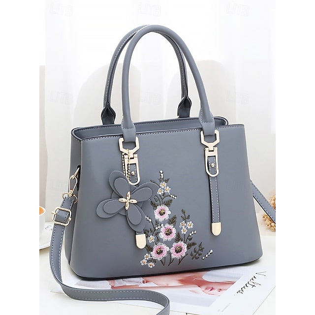 Faux Women's Handbag Embroidery Floral with Leather Green FashionChic