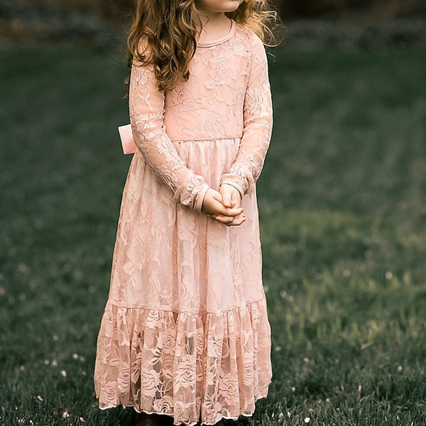 Girl Flower Colored Dress Girls' Long Kids Solid FashionChic