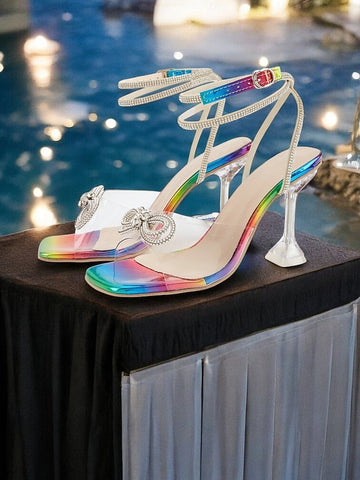 Rainbow Heels Colorful Detail - Heel with Bow Clear High Crystal FashionChic