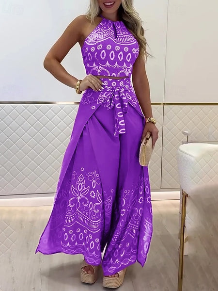 Women's Active Boho Blouse Pants Sets Sleeveless Halter