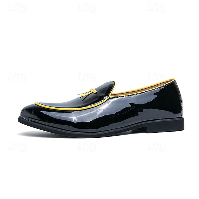 with Leather Patent Yellow Black Faux Men's Loafers Trim FashionChic