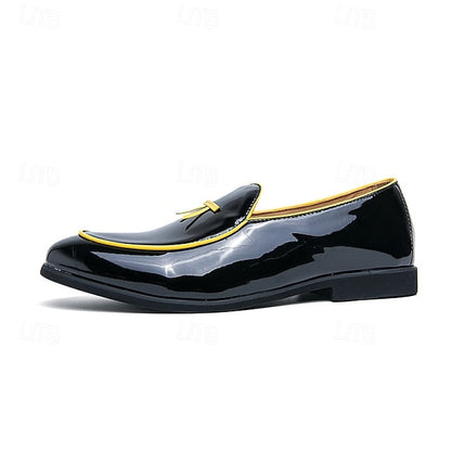 with Leather Patent Yellow Black Faux Men's Loafers Trim FashionChic