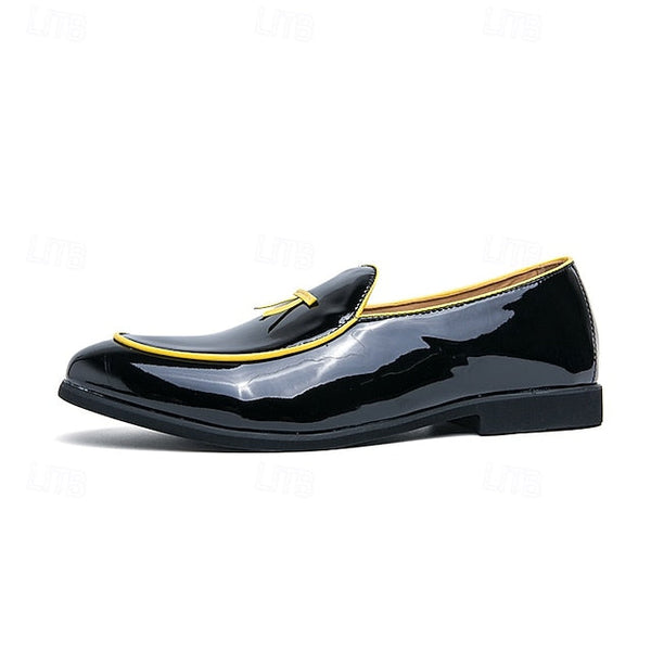 with Leather Patent Yellow Black Faux Men's Loafers Trim FashionChic