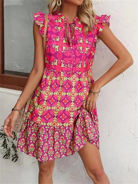 Women's Boho Graphic V Neck Mini Dress Sleeveless Summer