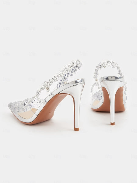 Women's Toe Clear Rhinestone Pointed with Slingback Heels FashionChic