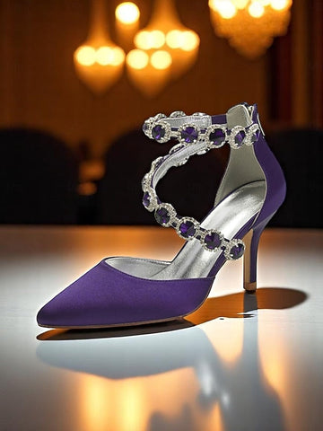 Purple Rhinestone Satin High Women's Shoes Heel with FashionChic
