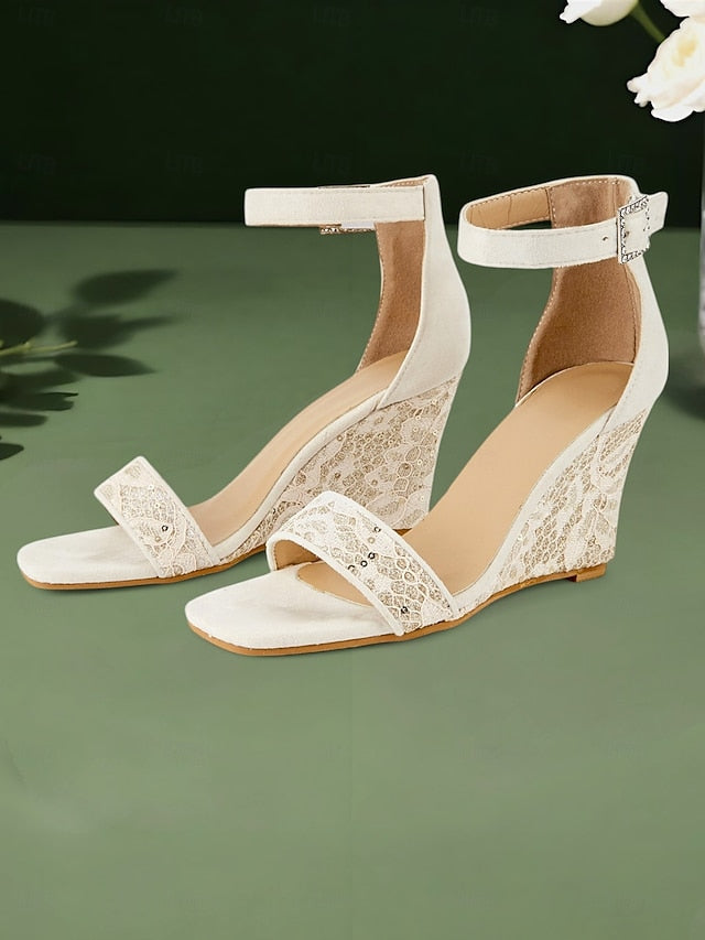Stylish Ankle Women for Lace Strap Sandals White Wedge – Heel FashionChic