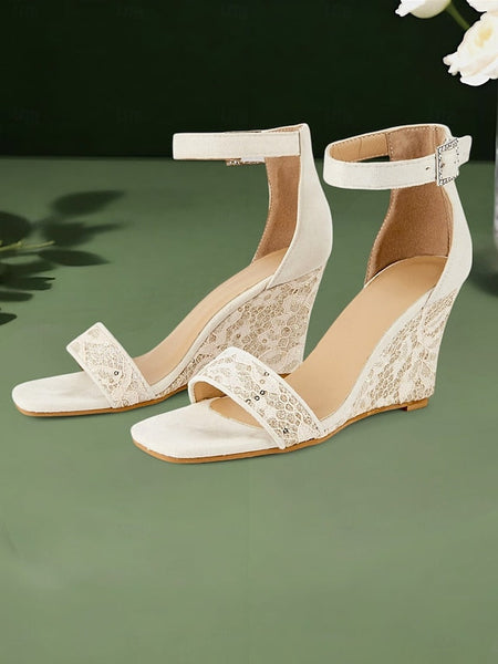Stylish Ankle Strap Heel White – for Women Wedge Sandals Lace FashionChic