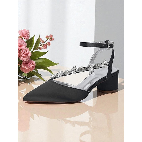 Purple Heel Pumps Women's Satin Block with Rhinestone FashionChic