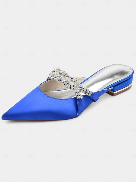 Satin - Pointed-Toe Rhinestone Detailing Blue with Heels Mule FashionChic