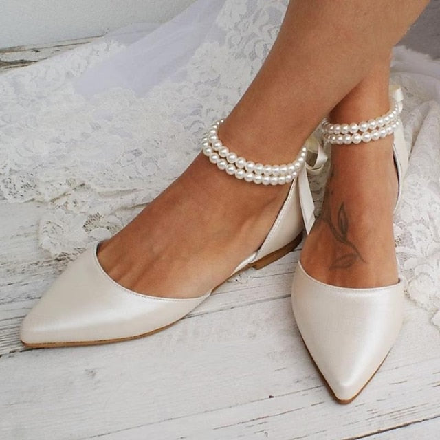 Bridal Pearl Women's Strap Elegant – White Flats Ankle FashionChic