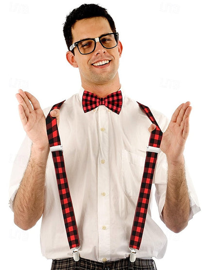 Men's Set Tie Plaid and Adjustable Suspender Bow Christmas FashionChic