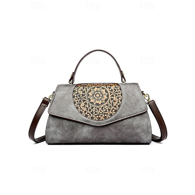 Floral – Faux Vintage Engraved Handbag Leather Women's FashionChic