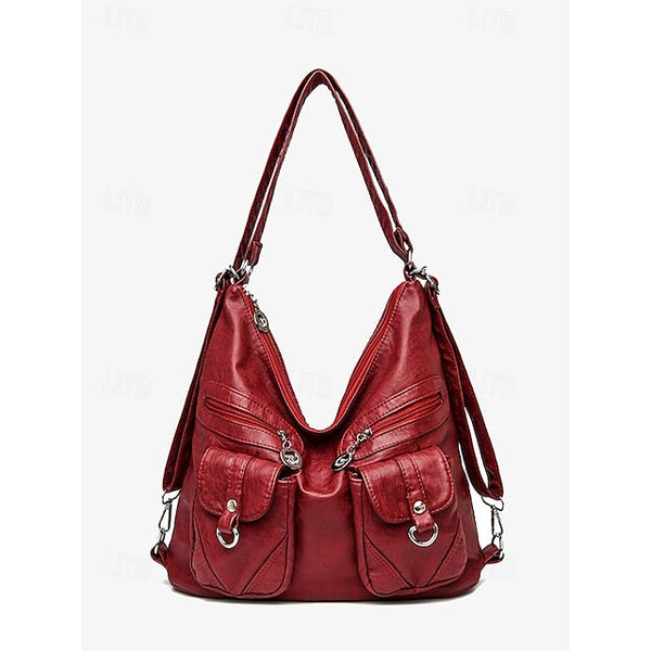 Brown Leather Women's Bag Multiple Faux Pockets with Hobo FashionChic