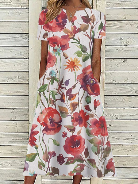 Women's Pink Dress Floral Graphic Print V Neck Midi Dress