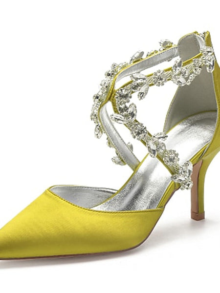 Heels Elegant Women's Satin White Crystal – Strap Pointed FashionChic