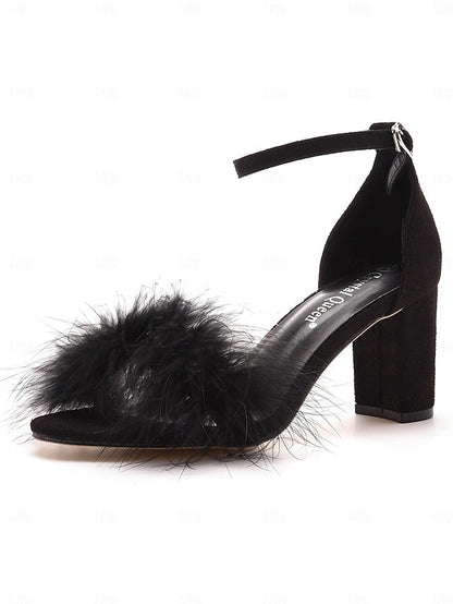 – Wedding Block Women Feather-Embellished for Sandals Heel FashionChic