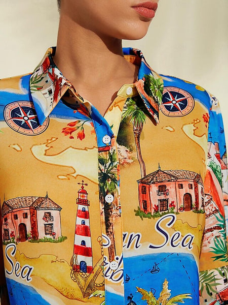 Satin Coastal Map Graphic Print Mini Dress