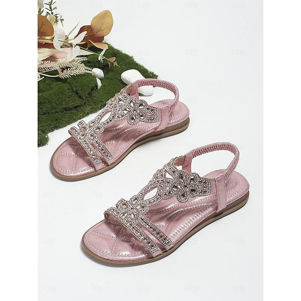 T-Strap Sandals Women's Silver Boho Rhinestone Flat – FashionChic