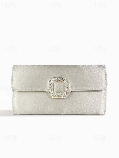 Elegant Buckle Rhinestone Women's Satin - White Clutch with FashionChic
