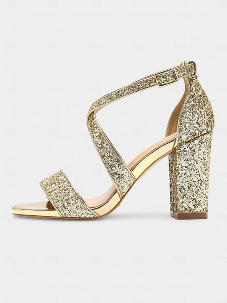 Women's Block Sandals Gold Heel Glitter FashionChic