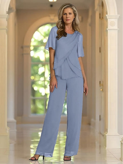 of Dress Neck Crew the Piece Pantsuit Elegant Two Mother Bride FashionChic