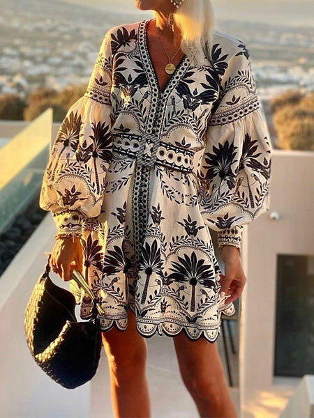 Women's Floral V Neck Mini Dress Long Sleeve Summer Spring FashionChic