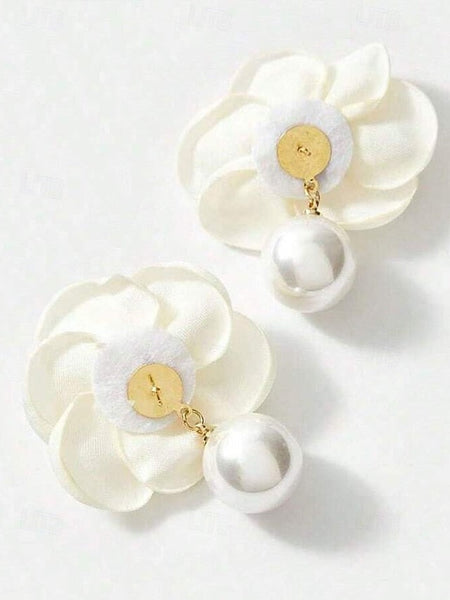 Pearl Elegant Earrings Stud Flower with Faux Drop Women's FashionChic