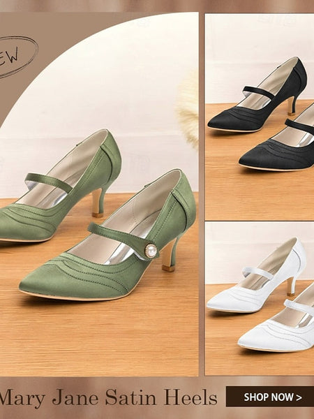 Heels Jane Satin Green Button Pearl - with Elegant Mary FashionChic