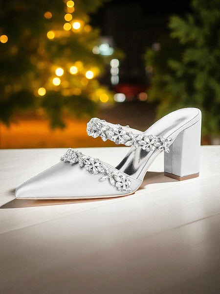 with Heel Mules Satin Floral Block Women's Black Rhinestone FashionChic