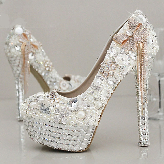 White Women's Platform Pearl Rhinestone Embellished and FashionChic