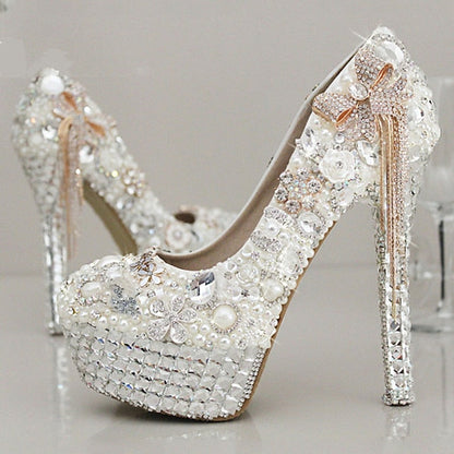 White Women's Platform Pearl Rhinestone Embellished and FashionChic