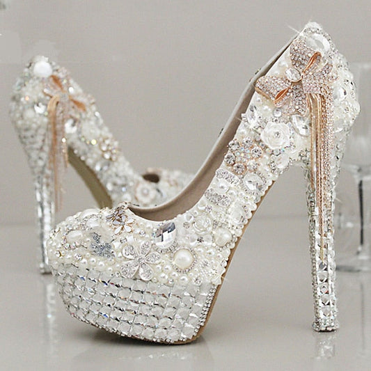 White Women's Platform Pearl Rhinestone Embellished and FashionChic