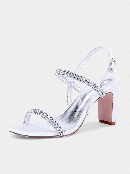 – Sandals Bridal White Women's Rhinestone Heel Block Prom FashionChic