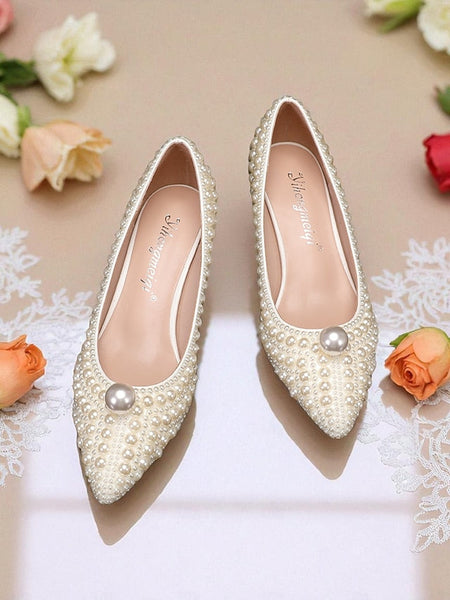 Heel Matching Kitten and Pearl-Embellished Pumps Women's FashionChic