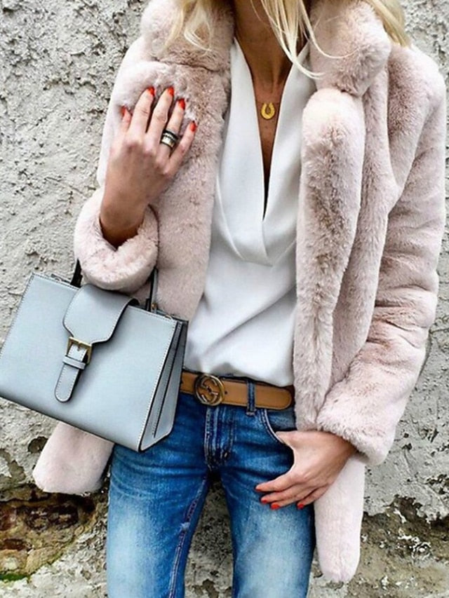 Coat Going Collar Women's Casual Comfortable Warm Plain Fur FashionChic